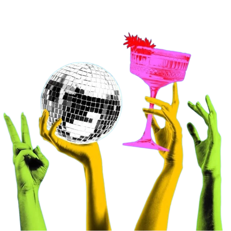 Manos de colores, una bola de disco y una copa